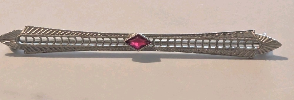 Antique Deco Era French Belais Filagree Ruby Bar Pin Brooch In 10K White Gold