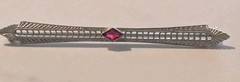 Antique Deco Era French Belais Filagree Ruby Bar Pin Brooch In 10K White Gold