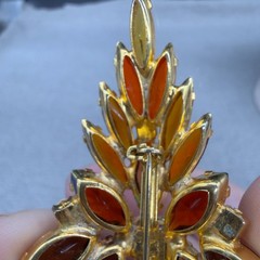 Vintage Brooch Marquise Amber Orange Brown Rhinestones 2.75 Inches