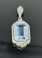 German Art Deco Pendant 835 Silver Ornate Blue Crystal Emerald Cut Vintage