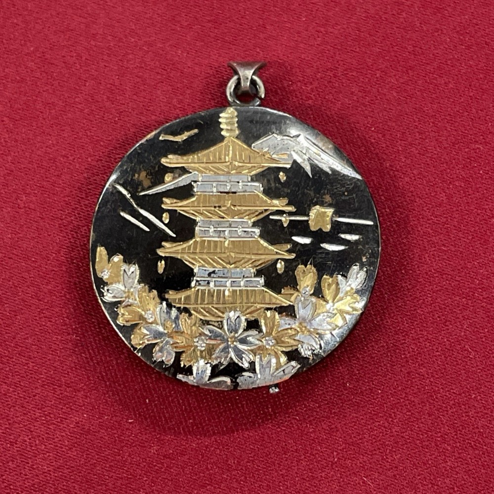 Sterling Silver 925 Vintage Black & Gold Round Japanese Damascene Locket Pendant