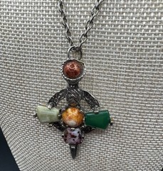 VTG Celtic Scottish Cross Pendant Necklace Multicolor Glass Stones 22″ inch