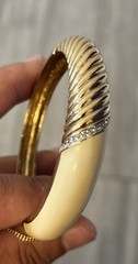 Vtg PANETTA Gold White Enamel w/ Pave Crystals Hinged Bangle Bracelet