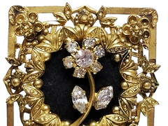 Antique Gold Tone Repousse Rhinestone Flower & Black Felt Pin Brooch AUSTRIA