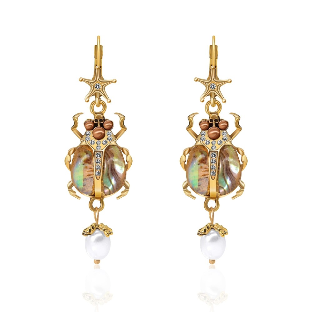 Vintage Beetle Scarab Bug Dangle Earrings for Women, Imitation Pearl Insect D…