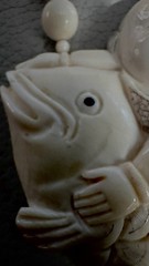 Vintage Hand Carved Natural Bone Beaded Fish Pendant Statement Necklace Signed