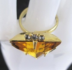 Vintage Mod Triangle Amber Orange glass rhinestone Statement Cocktail Ring Gold