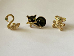 Assorted Animal Gold Toned Pins (Swan, Black Cat, Teddy Bear)