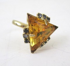 Vintage Mod Triangle Amber Orange glass rhinestone Statement Cocktail Ring Gold