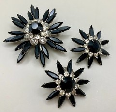 Vintage Judy Lee Brooch Earrings Set Black Navette Clear Rhinestone Flower