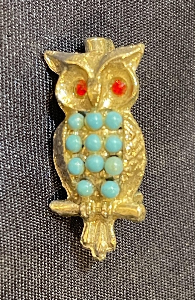 Vintage Gold Tone Owl Brooch Pin Turquoise Stones Red Rhinestone Eyes Bird