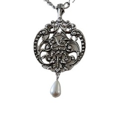 Lg 1974 Vintage AVON Silvertone Medallion Pendant W/Pearl Drop Gothic Style