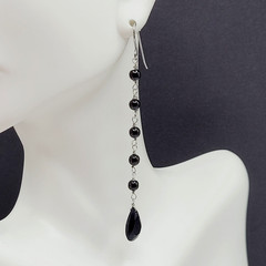 Black Onyx Bead Shoulder Duster Long Linear Silver Tone Pierced Hook Earrings