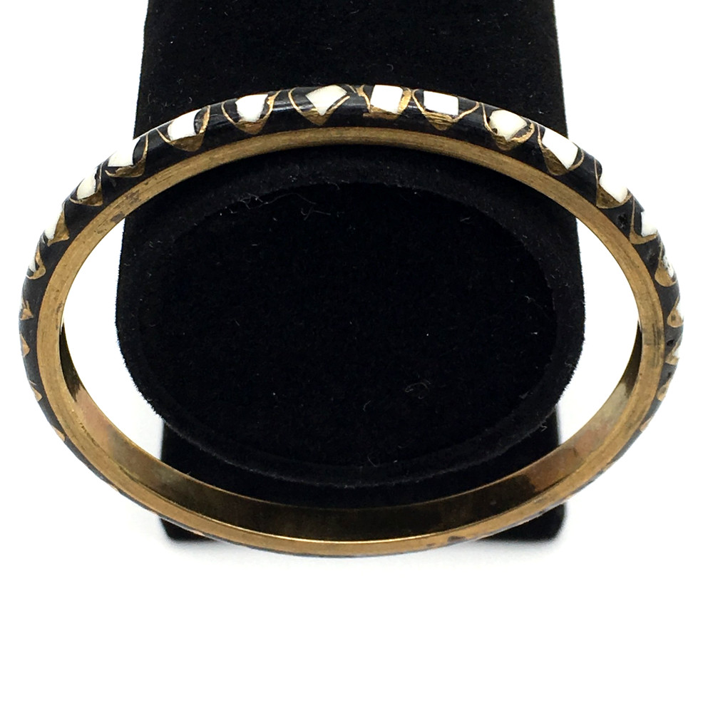 Vintage 60’s Inlaid Bone Mosiac Ebony Brass Bangle Bracelet