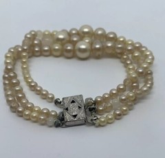 Vintage Triple Strand Faux Pearl Bracelet 6.5” Jewelry Silver Clasp Latch Japan