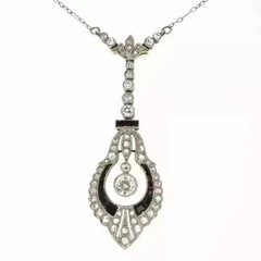 Art Deco Style Lab Created Diamond & Onyx Anniversary 14K White Gold FN Pendant