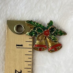 Vintage Christmas Pin Brooch Gold Tone Green Red Enamel Holly Bells Bow
