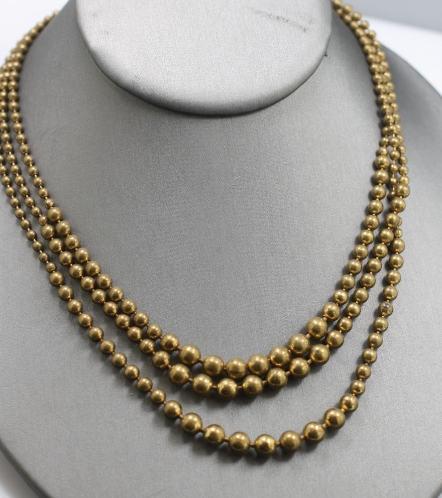 Vintage gold tone brass beaded bead ball three 3 strand graduated necklace 16″