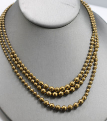 Vintage gold tone brass beaded bead ball three 3 strand graduated necklace 16″