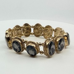 VTG Antique Gold Tone Smoky Gray Crystal Oval Panel Link Stretch Bracelet Boho