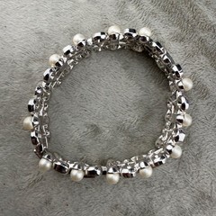 Vintage Rhinestone Bracelet Silver Tone Faux Pearl READ 7”