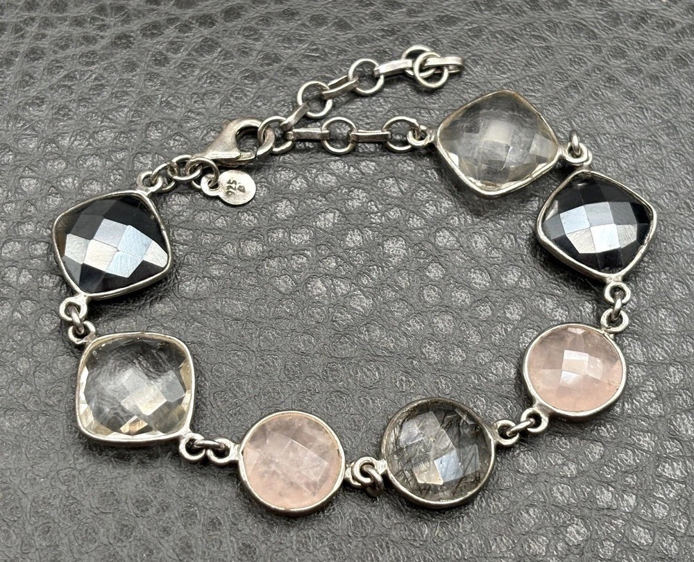 Vintage Sterling Silver 925 Faceted Gemstone Bracelet Rutilated and Rose Quartz