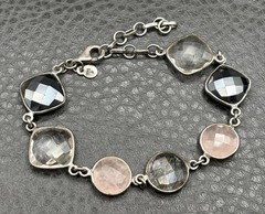 Vintage Sterling Silver 925 Faceted Gemstone Bracelet Rutilated and Rose Quartz