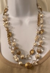 Vtg Miriam Haskell Signed Faux Pearl Lucite Ornate Russian Gold Beaded Necklace