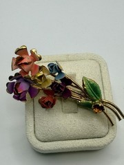 Vintage Austria Crystal Brooch and Earring Set 1950s Gold Tone Enamel Floral