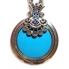 Vintage Turquoise Pendant Necklace Silver Tone Marcasite Style Thick Oval Link