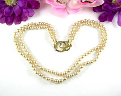 Necklace GLASS FAUX PEARL BEADS Imitation 2 Double Strand Vintage Beaded Knotted