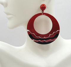 Large Metal Hoop Red Black White Enamel Hand Painted Pierced Vintage Earrings