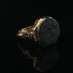 Antique Style Intaglio Ring – Gold Tone Band with Carved Black Stone