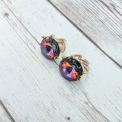 Vintage Clip On Earrings – Rainbow Tone Gem 0.5″ – Clip Repair Needed