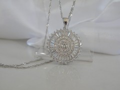 Vintage Style Sterling Silver 925 Baguette Starburst CZ Large Pendant Necklace