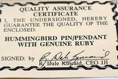Vintage Dale Kinkaid 1988 Hummingbird Pendant Ruby Eye Gold Tone Bx & COA Signed