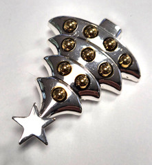 Vintage Signed BEST Silver Christmas Tree W/ Gold Ornaments Pendant Pin / Brooch