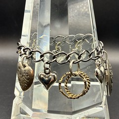 Vintage Bracelet & Charms of Mixed Metals Black: Hearts, LOCKET, Prayer Box, Dog