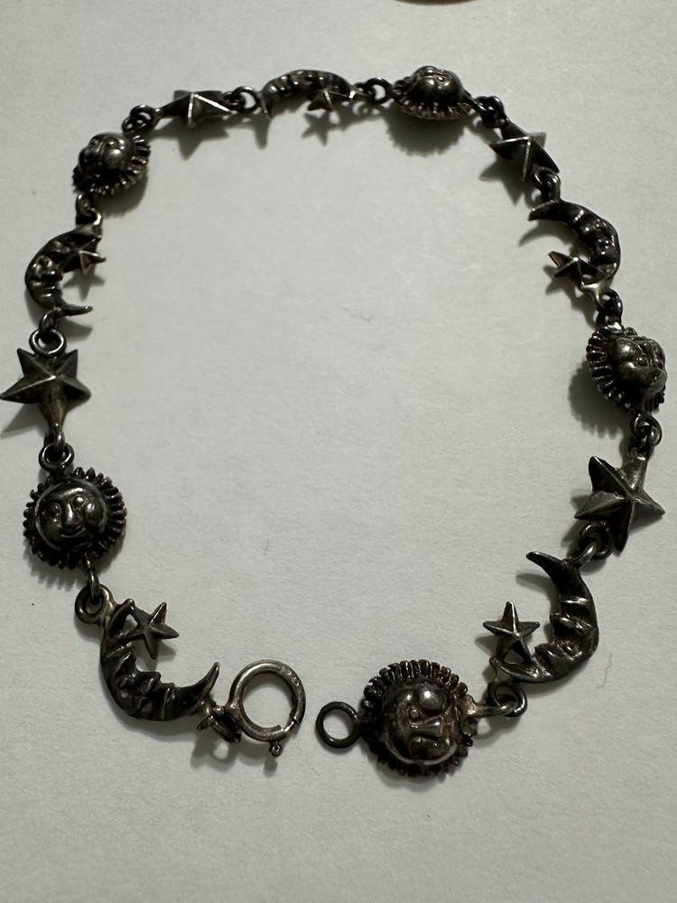 Vintage Sterling Silver 925 Sun Moon Star Link Bracelet