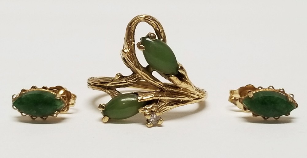 Vintage Green Jade Diamond 14K Yellow Gold Ring & Small Stud Earrings SET SZ 5.5