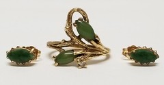 Vintage Green Jade Diamond 14K Yellow Gold Ring & Small Stud Earrings SET SZ 5.5