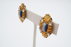 Vintage Clip On Earrings Gold Tone Rhinestone Cats Eye