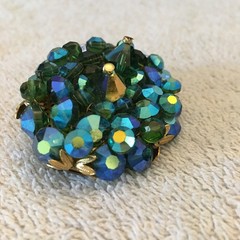 Vintage Brooch AB Crystal / Glass Beads Faceted Heavy Blues & Greens Sparkly