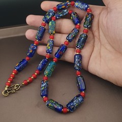 Vintage Venetian Midnight Mosaic Trade Glass Bead Necklace 24in 6.2–20.1mm