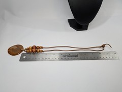 Vintage Carnelian Agate Slab Pendant Necklace Wood Bead Leather Cord 22″ Boho