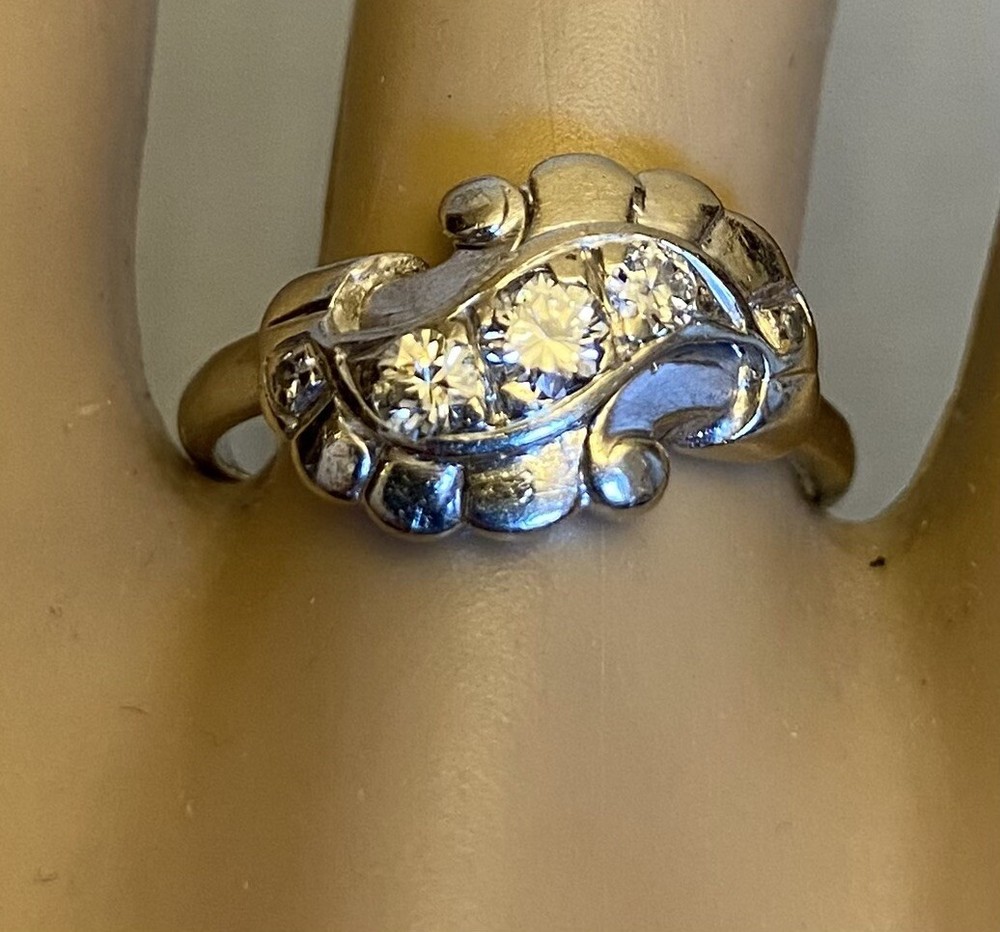 estate 14K White Gold Diamond Ring 50s MCM Swirl Natural 5-Stone .25ct size 7.5