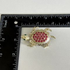Vintage Pink Rhinestone Green Eyed Turtle Animal Gold Tone Brooch Pin