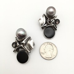 22g Vintage Sterling Silver Black Onyx & Pearl Earrings Marked Sterling #69