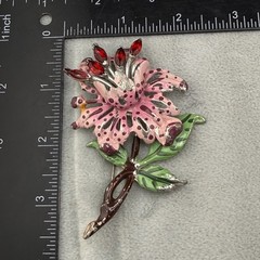 Vintage Pot Metal Brooch Pink Silver Tone Enamel Flower