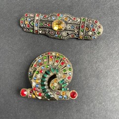 Vintage 1930s Art Deco Czech Rainbow Rhinestone Bar Brooch & Dress Clip Lot